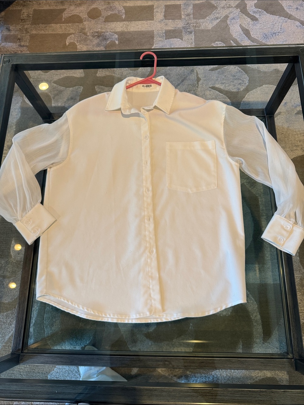 Oversized white button up blouse with sheer arms